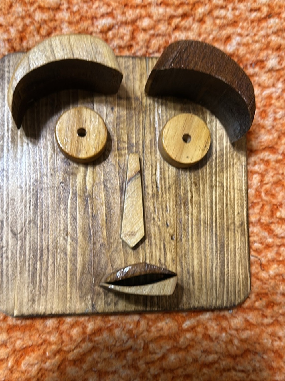 Handmade 3D Wooden Face Wall Art – Mid-Century Modern Relief Plaque (7x7)